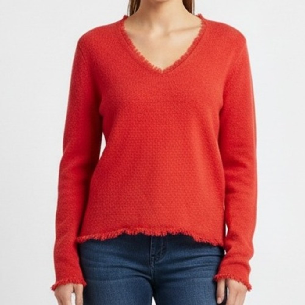 Peck & Peck Cashmere Sweater Womens Large V Neck Fringe Hem Orange Knit Top Fall